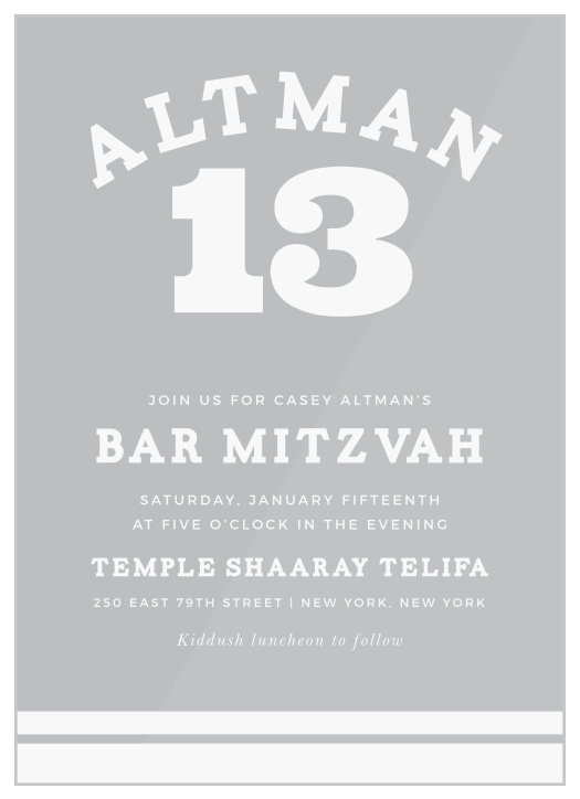 Celebrate the growing athlete in your life by kickstarting their celebration with our Sports Jersey Clear Bar Mitzvah Invitations!
