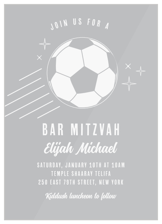 Put together a party your child will never forget, by inviting their closest friends and family with our Soccer & Stripes Clear Bar Mitzvah Invitations!