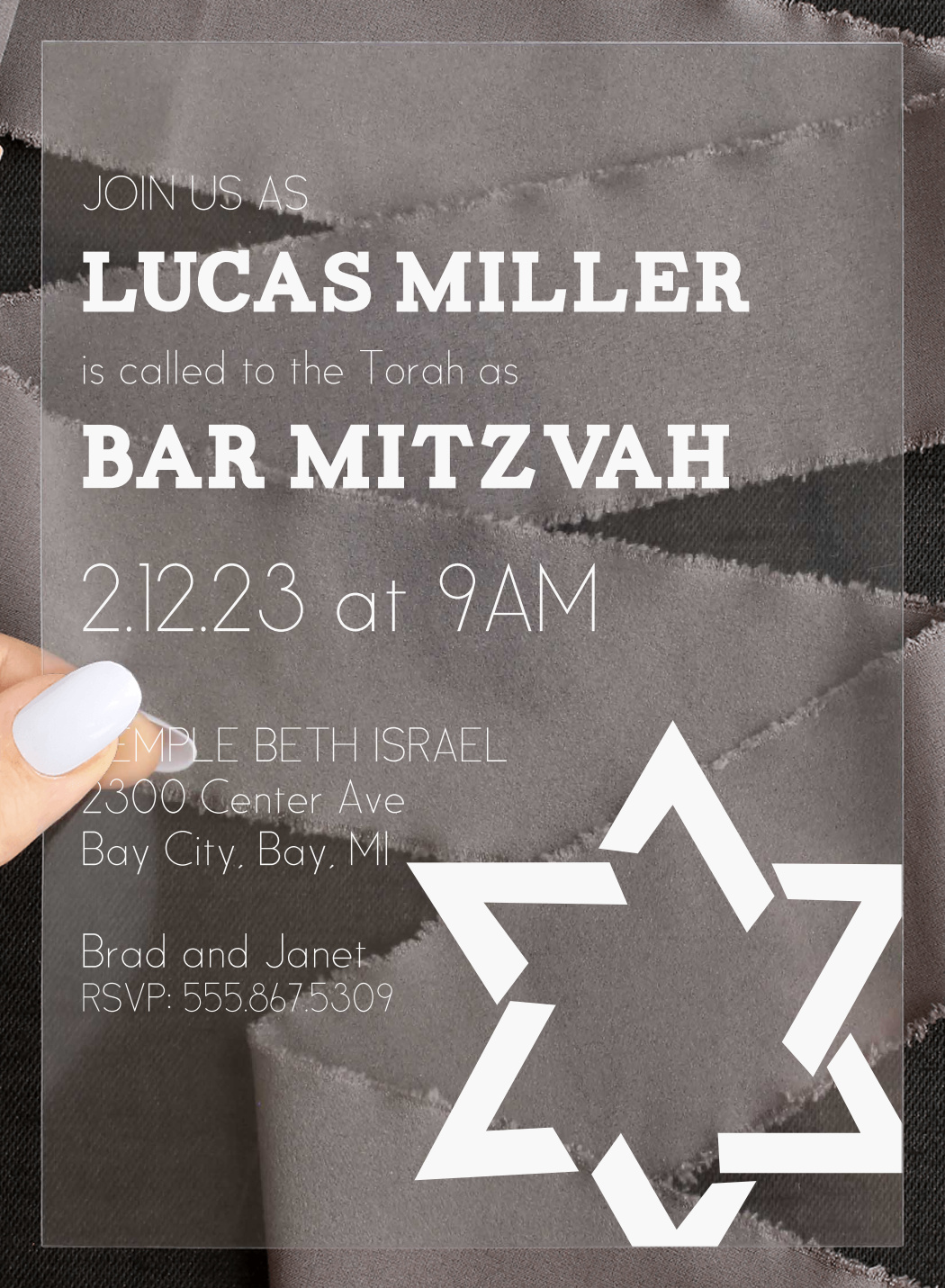 Corner Star Clear Bar Mitzvah Invitations
