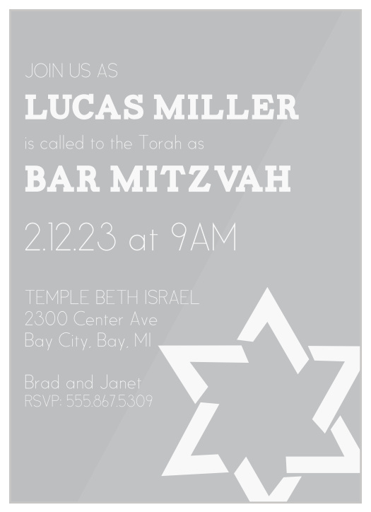 Stay simple, while still making a bold statement, with our Corner Star Clear Bar Mitzvah Invitations!