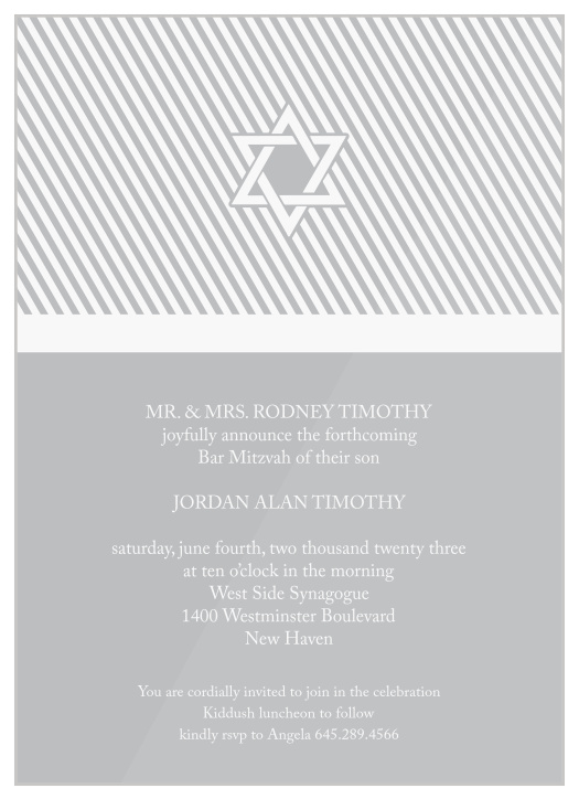 Invite your son's family and friends to their highly anticipated celebration, with our classy Bordered Sectioned Clear Bar Mitzvah Invitations!