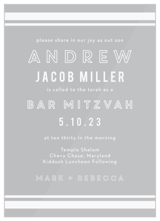 Request the attendance of family and friends to your son's coming-of-age ceremony with our Contemporary Lines Clear Bar Mitzvah Invitations.