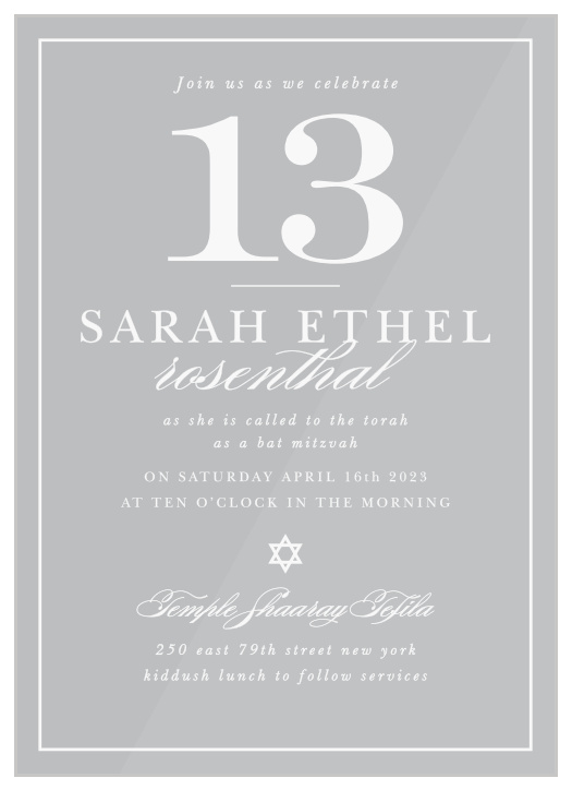 Kickstart your daughter's grand celebration with our formal Thrilling Thirteen Clear Bat Mitzvah Invitations!