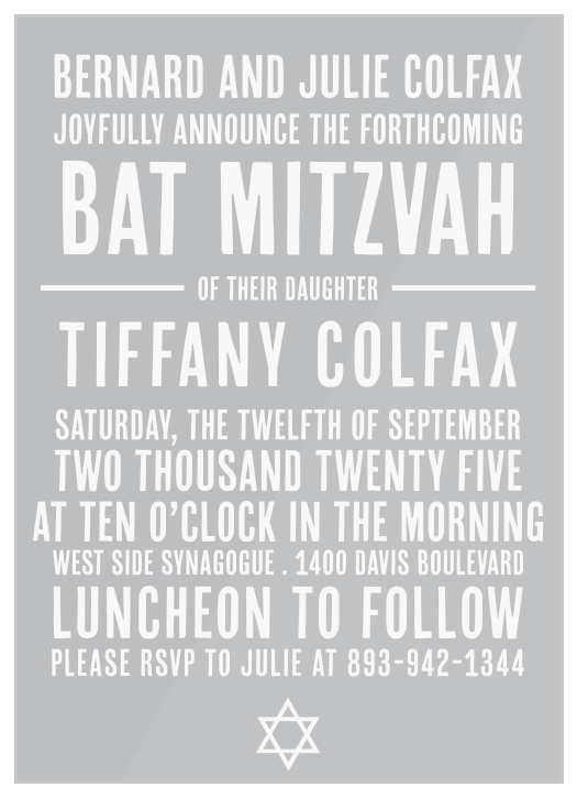 Our Sleek Subway Clear Bat Mitzvah Invitations request the attendance of family and friends on your child's important day.