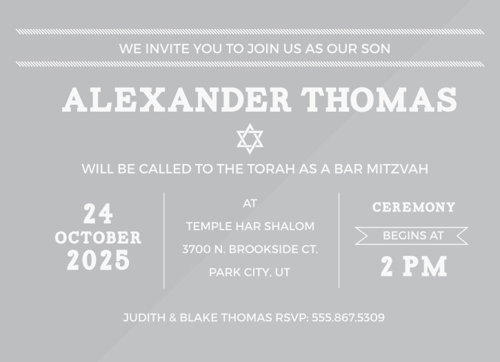 Make your child’s big day one to remember with our Columned Bars Clear Bar Mitzvah Invitations.