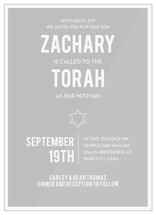 Make your child’s big day one to remember with our Simply Bordered Clear Bar Mitzvah Invitations.