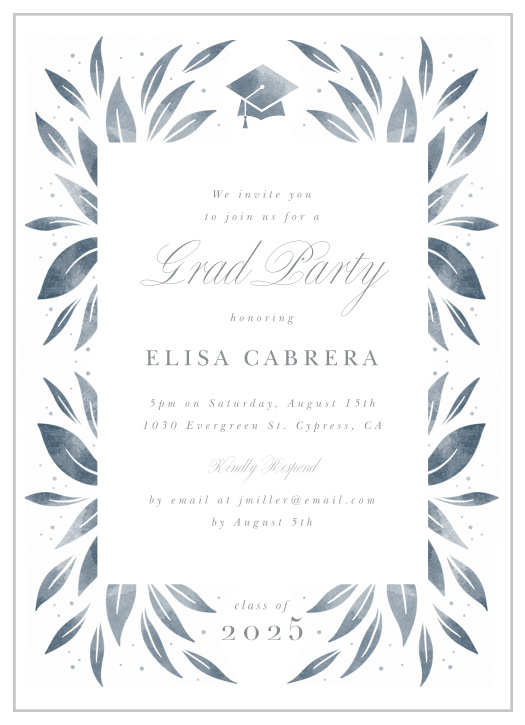 Our monochromatic Flourish Foliage Graduation Invitations may be just what you're looking for to begin celebrating your recent accomplishments!