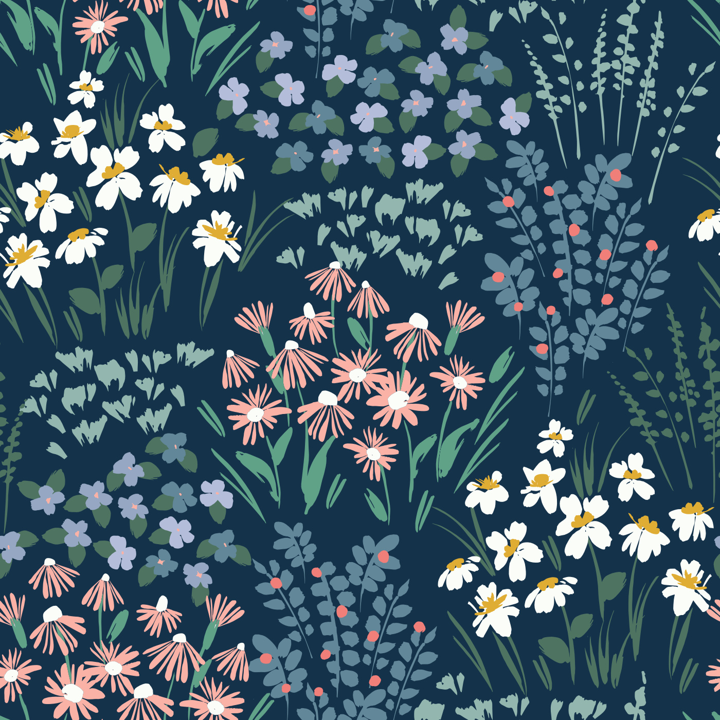 Dark Navy Floral Garden Pattern Wallpaper