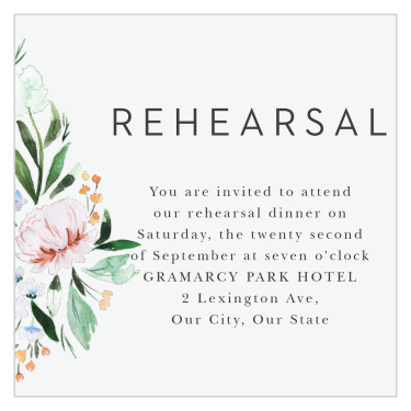 Gather family and friends together to practice before your big day with our Floral Cascade Rehearsal Cards.