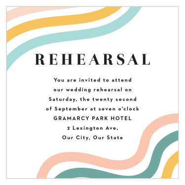Our Mod Waves Rehearsal Cards bring family and friends together to practice the night before your wedding.