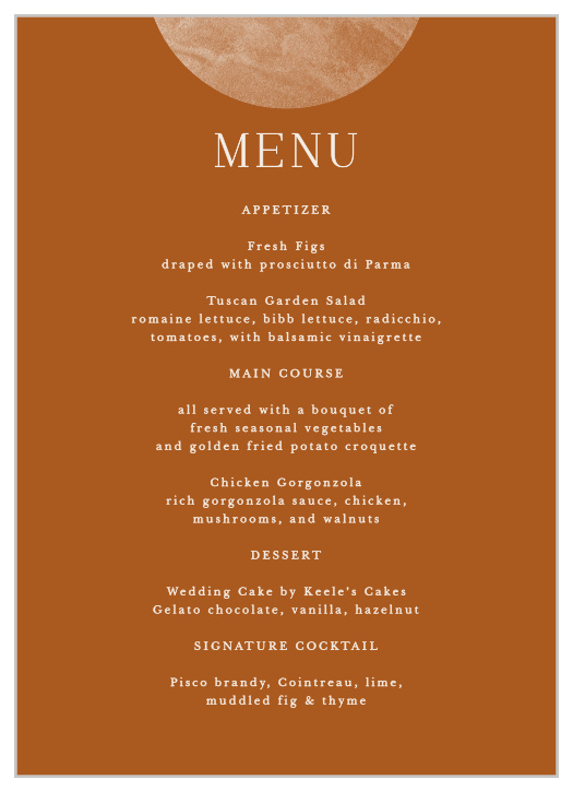 Our Earthy Mod Wedding Menus describe each delicious dish that will be served at your reception to family and friends.