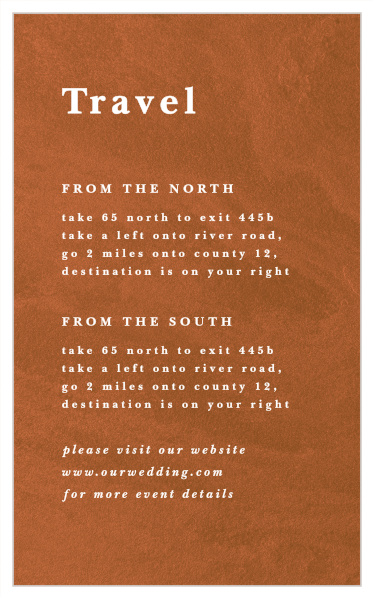 Guide family and friends to your wedding with our Sandstone Rust Direction Cards.