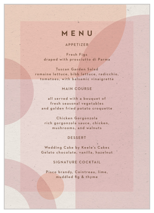 Let family and friends know what delicious dishes will be served at your reception with our Mod Shapes Wedding Menus.