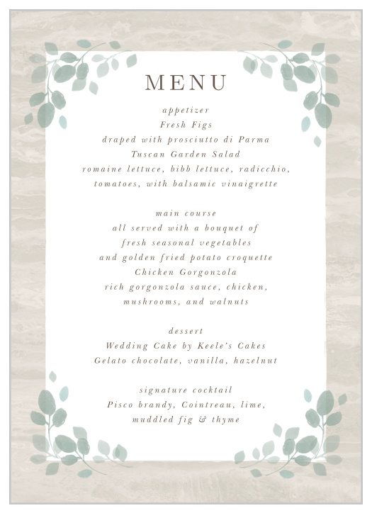 Describe each delicious dish that will be served at your reception with our Aspen Trees Wedding Menus.