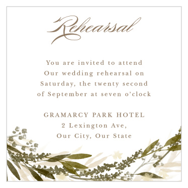 The Elegant Wreath Rehearsal Cards match the rest of this rustic wedding invitation suite perfectly!