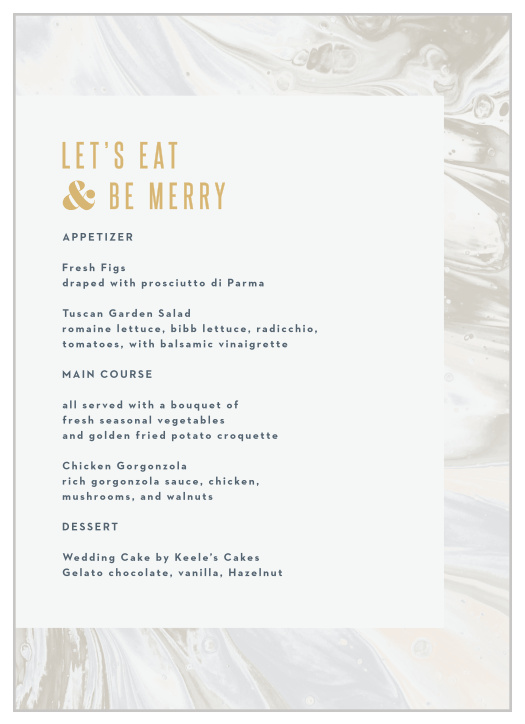 Create the ultimate dining experience with our Marbled Shell Wedding Menus.