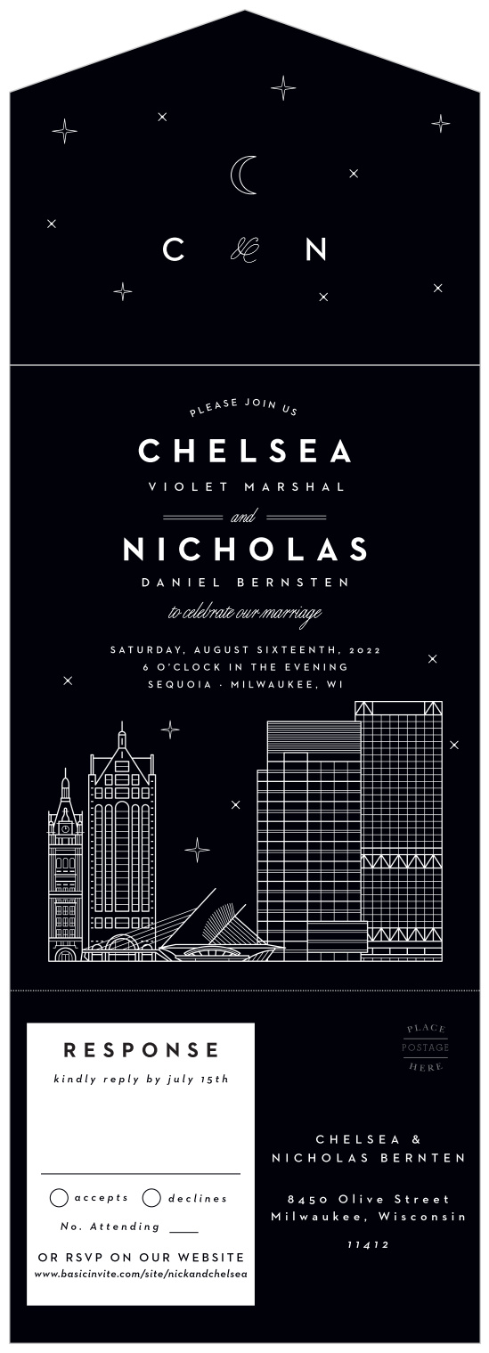 Our Milwaukee Skyline Seal & Send Wedding Invitations are the perfect way to share your wedding-day details with the breathtaking beauty of big city lights.