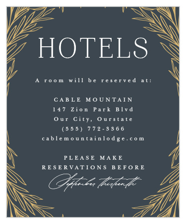 Inform out-of-town guests where you have booked a block of rooms with our Leafy Laurel Accommodation Cards.