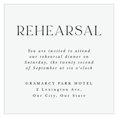 Make sure everything is perfect before the big day by inviting special guests to your wedding event rehearsal with our Looking Glass Rehearsal Cards.