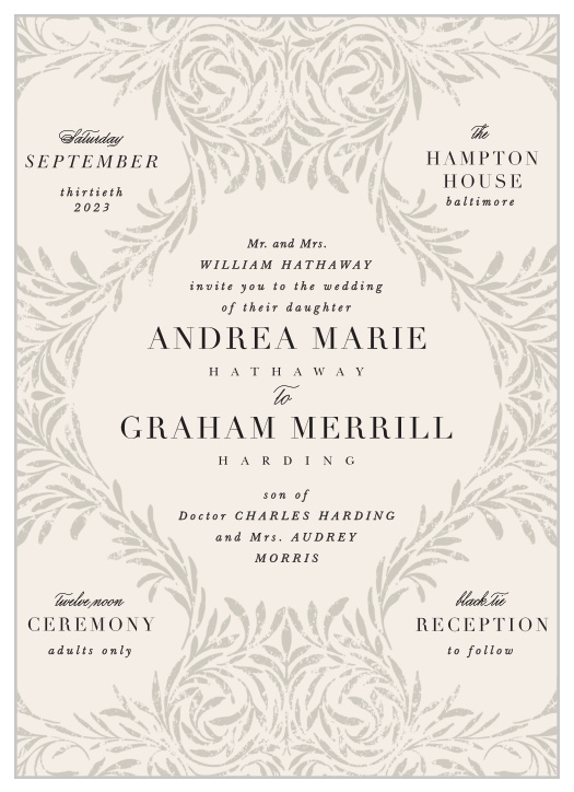 Ensure that your family and friends are informed of the details of your big day with our elegant Vintage Flourish Wedding Invitations.