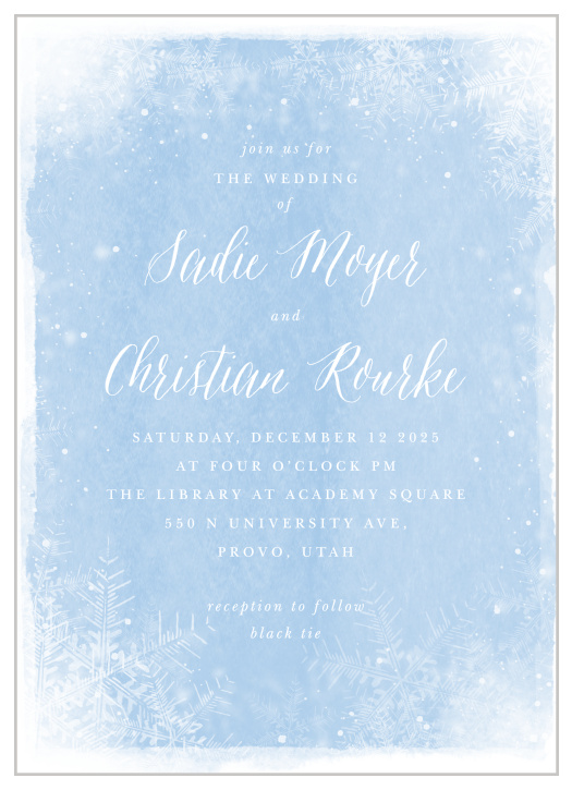 There's no better way to decorate a winter wedding than with a snow-filled frosty invitation! Our Cozy Frost Wedding Invitations feature a frosty blue background with snow flurries freezing over the surface like glass on a cold winter day.