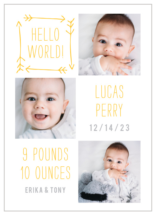 Tribal print mixed with a touch of hand written type, and 4 photos of your beautiful new born... what could be better? Oh, how about the ability to customize all the colors and fonts AND personalize this card instantly online! Woah! Mind blown! Have some fun!