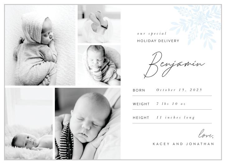 Announce your new arrival this season with our Snowflake Collage Holiday Cards.