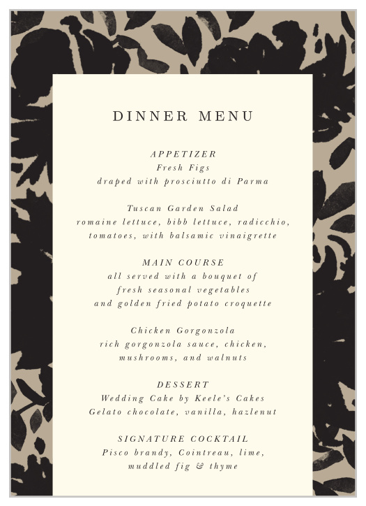 Display your wedding menu courses in contemporary style with our Inked Florals Wedding Menus.