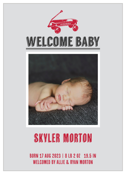 Customize this wagon themed Baby Announcement to make it truly one of a kind! Make your personalizations and upload your favorite photo instantly online!