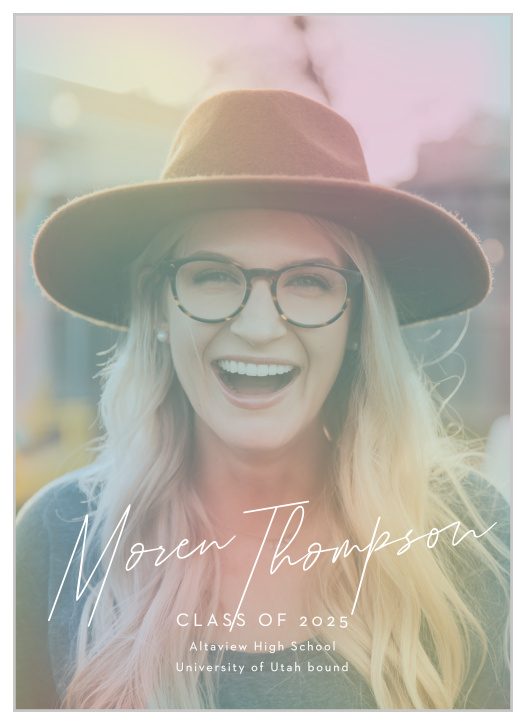 Share your exciting news with family and friends when you send out our Alluring Aura Graduation Announcements.