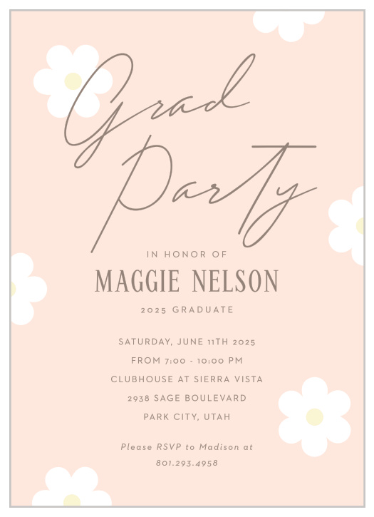 Bring family and friends together to celebrate your academic achievement when you send out our Daisy Grad Graduation Invitations.