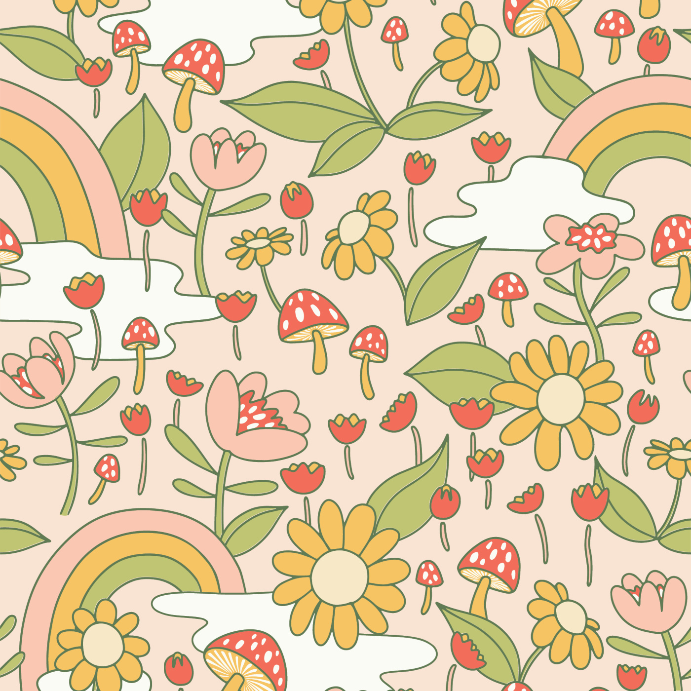 Vecteur Stock Aesthetic Contemporary printable seamless pattern with retro groovy  flowers Decorative Naive 60s 70s style Vintage boho background in  minimalist mid century style for fabric wallpaper or wrapping  Adobe Stock
