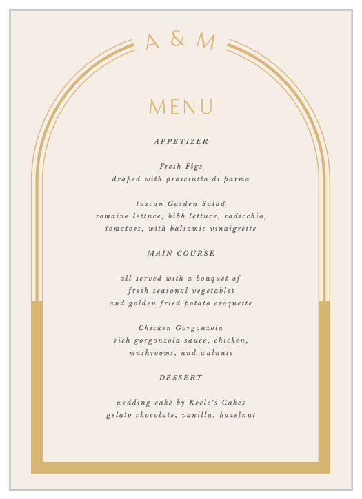 Describe each delicious dish that will be served at your reception with our You & Me Wedding Menus.