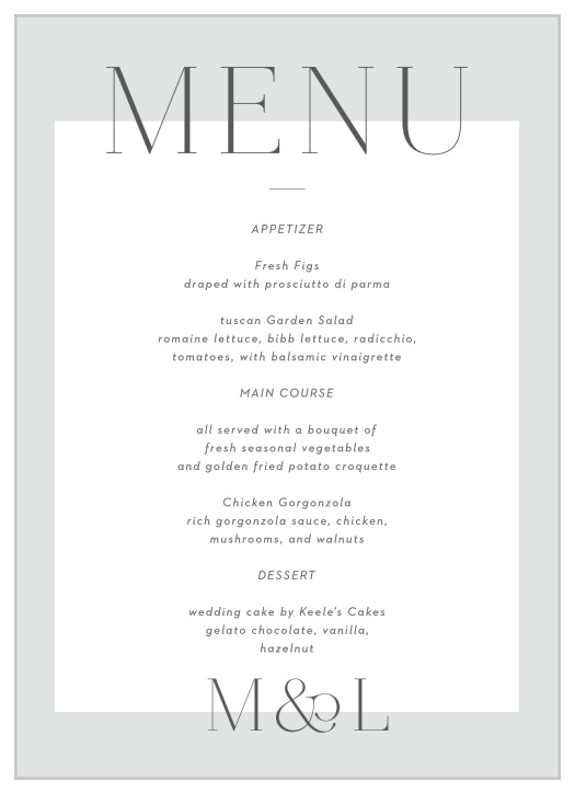 Impress your guests and let them know all about the delicious meals that will be served at your reception with our Asymmetrical Initials Wedding Menus.
