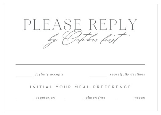 Gather an accurate headcount of everyone that plans to attend your wedding with our Asymmetrical Initials Response Cards.