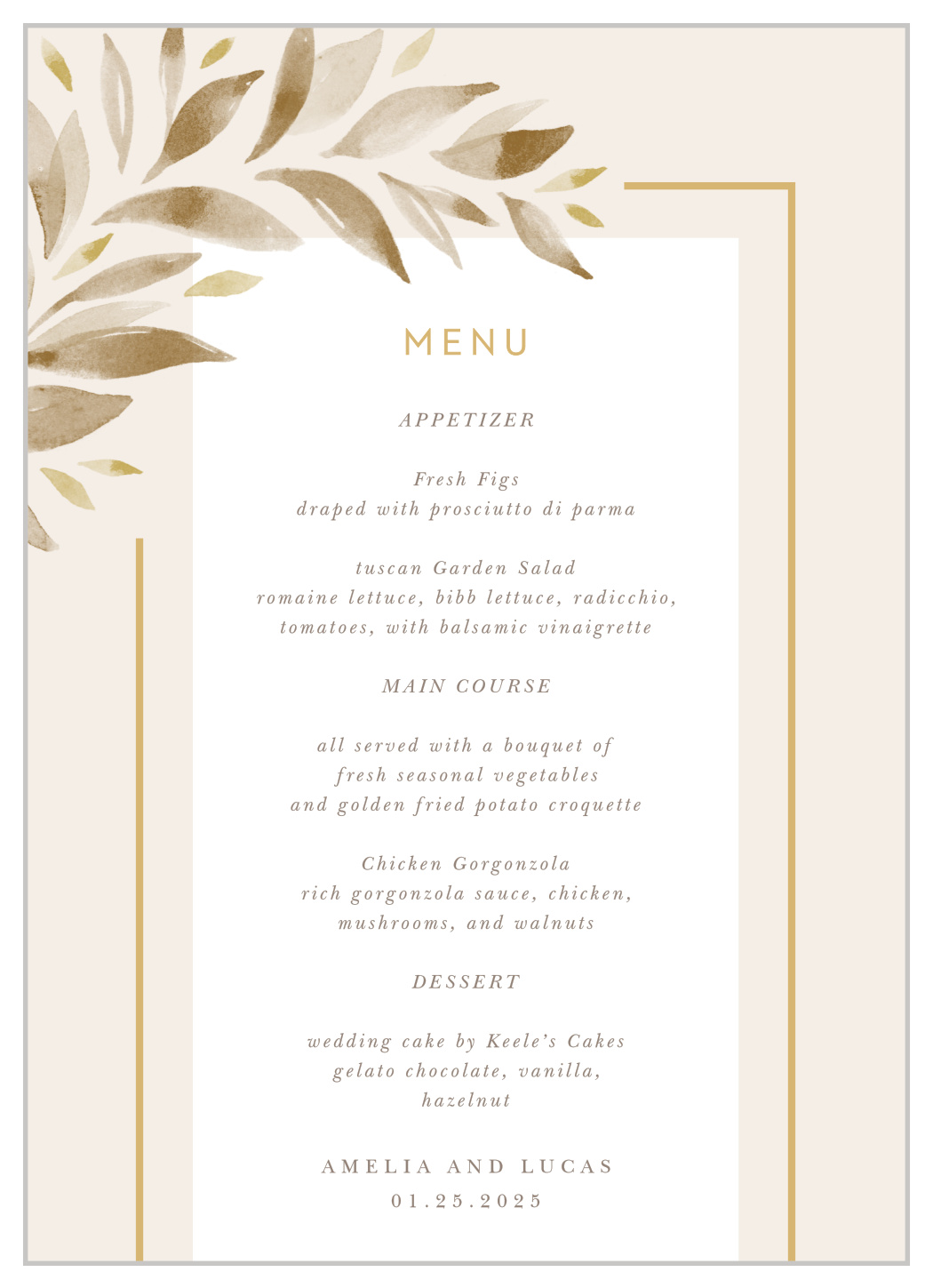 Soft Leaves Wedding Menus by Basic Invite