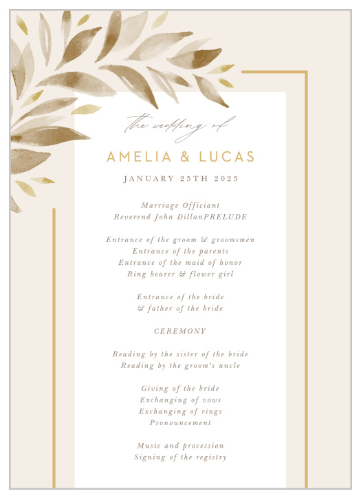 Our Soft Leaves Wedding Programs walk family and friends through each step of your ceremony.