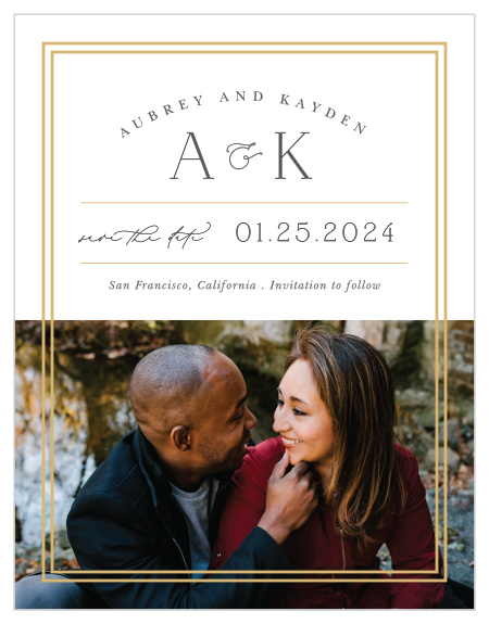 Share the news of your recent engagement with loved ones when you send out our Alluring Aubrey Save the Date Cards.