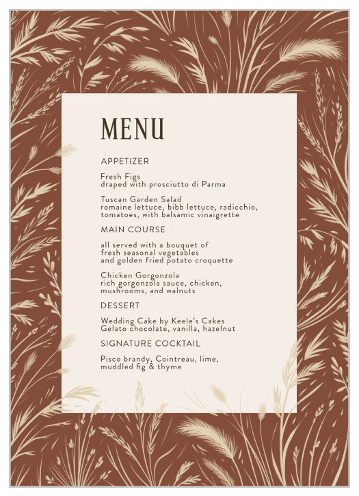 Our Prairie Meadow Wedding Menus describe the delicious dishes that will be served at your reception to family and friends.