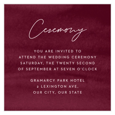Give your friends and family essential wedding day details with our stylish burgundy Watercolor Mood Ceremony Cards.