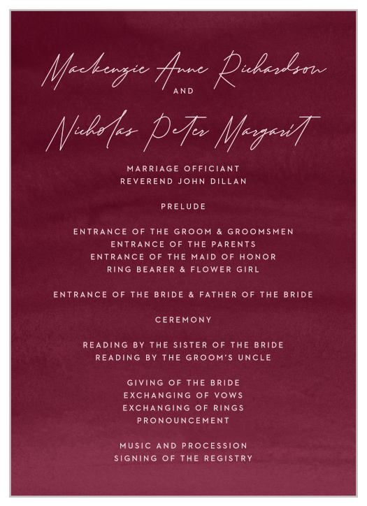 Keep your guests up-to-date throughout your ceremony with our stylish burgundy Watercolor Mood Wedding Programs.