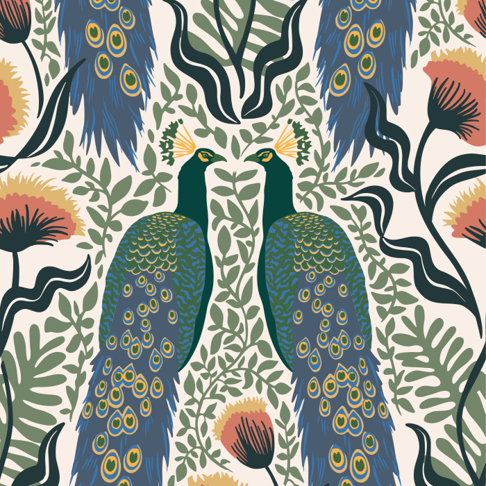 Add a royal touch to any wall with the blues, greens, and golds of our Regal Peacock Peel And Stick Removable Wallpaper.