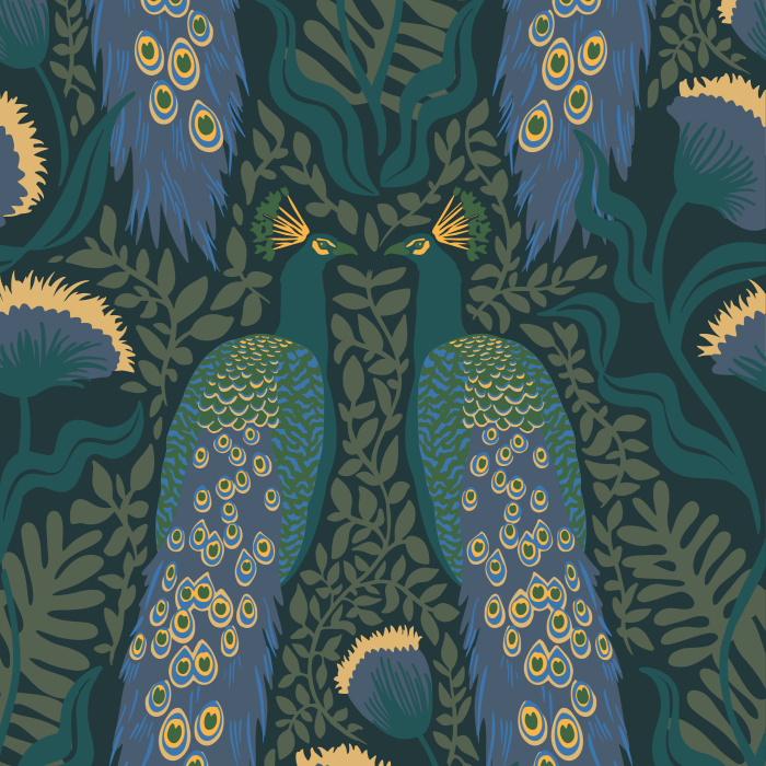 Add a royal touch to any wall with the blues, greens, and golds of our Regal Peacock Peel And Stick Removable Wallpaper.