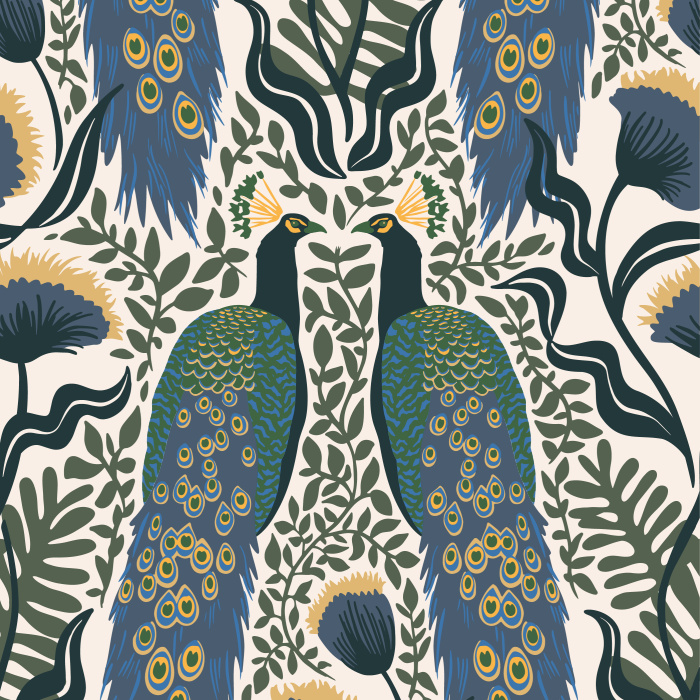 Add a royal touch to any wall with the blues, greens, and golds of our Regal Peacock Peel And Stick Removable Wallpaper.