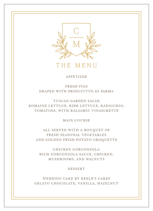 Describe each delicious dish that will be served at your reception with our Botanical Crest Wedding Menus.