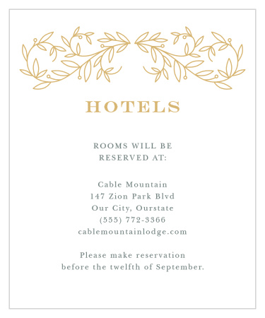 Let your friends and family know where to stay with the classic typography and gilded accents our Swirling Vines Accommodation Cards.