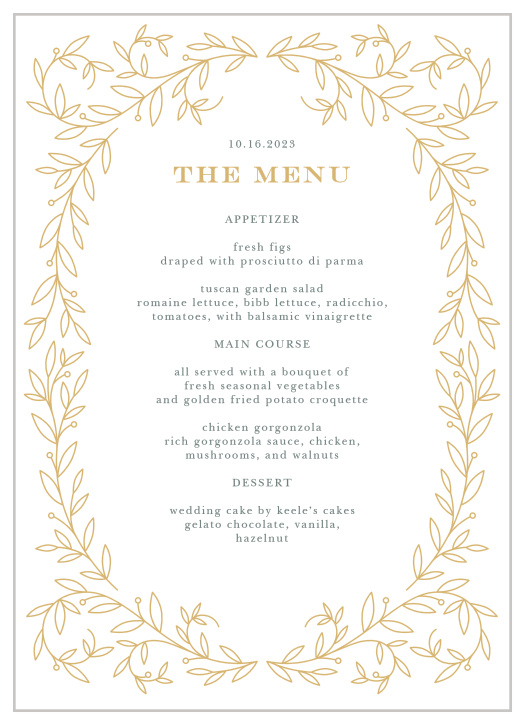 Let your family and friends know all about the delicious meals that will be served at your reception with the classic typography and gilded accents of our Swirling Vines Wedding Menus.