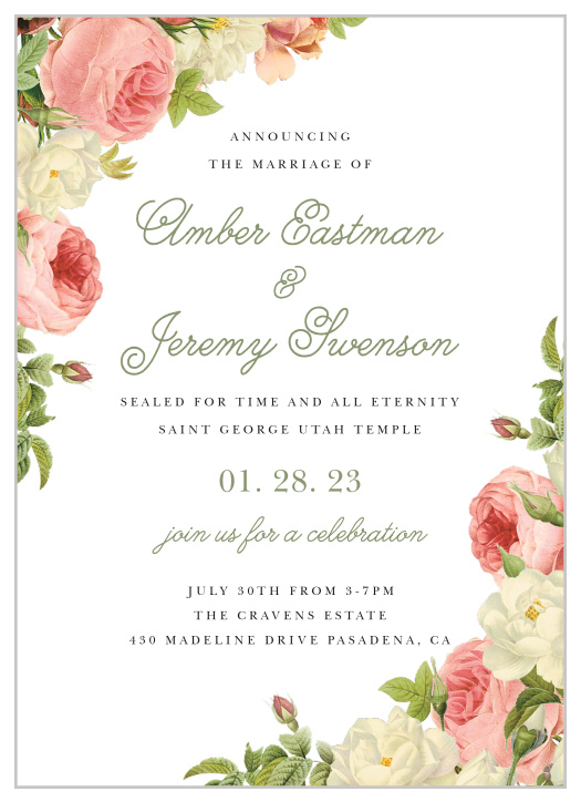 Family and friends are sure to come for your special day when you send out our Alluring Florals LDS Wedding Invitations.
