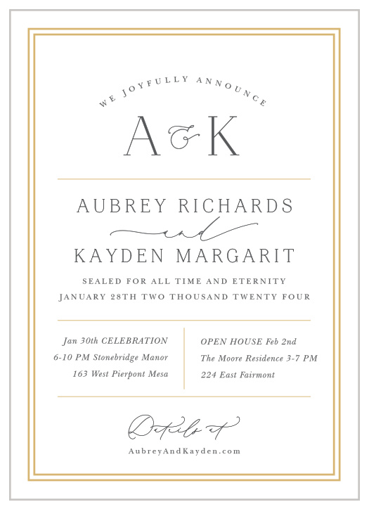 Bring close friends and family together to celebrate your special day with our Alluring Aubrey LDS Wedding Invitations. 