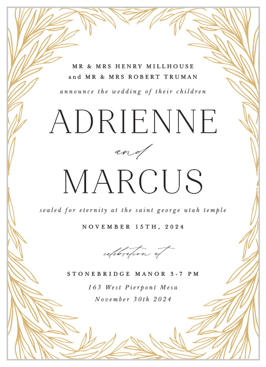 Surround yourselves with family and friends on your big day when you send out our Leafy Laurel LDS Wedding Invitations.